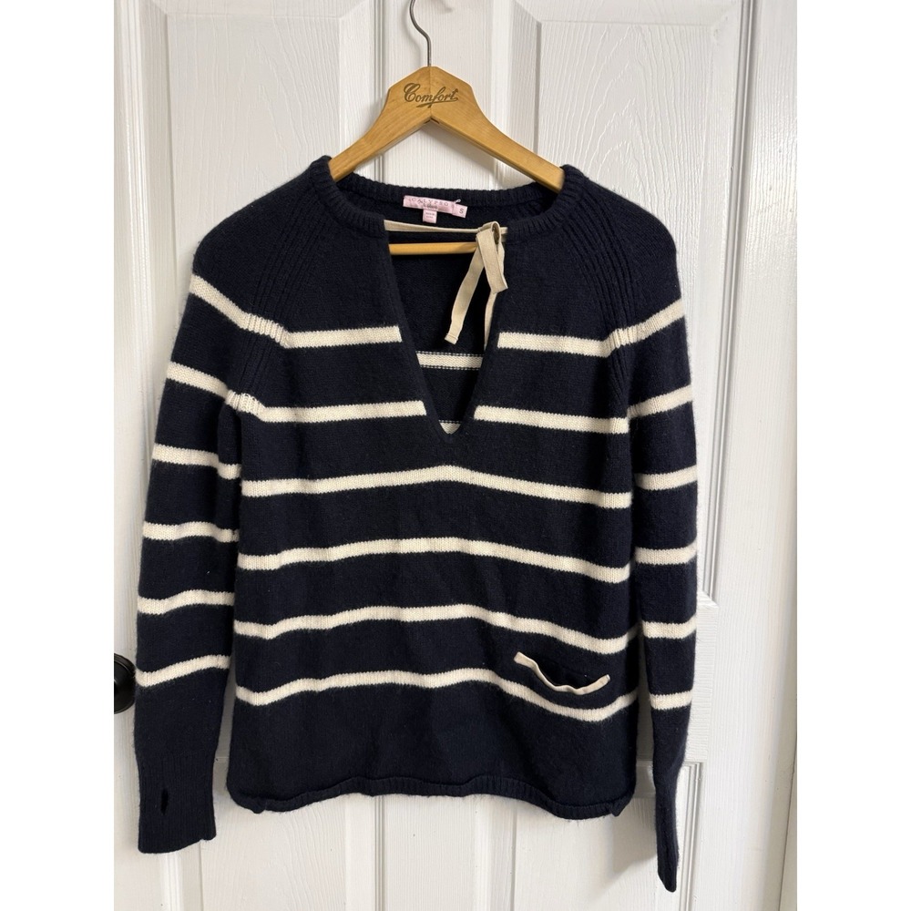 Calypso St Barth Cashmere Blue Strip Sweater V-Neck Tie Pocket Beach Comfort